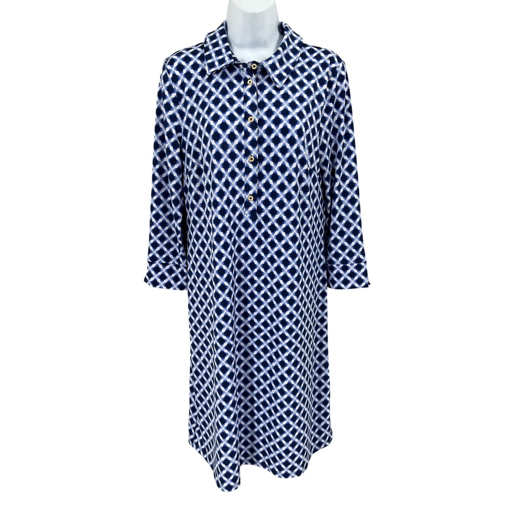 Talbots Shirt Dress Womens M Blue White Geometric Classic Preppy Stretch